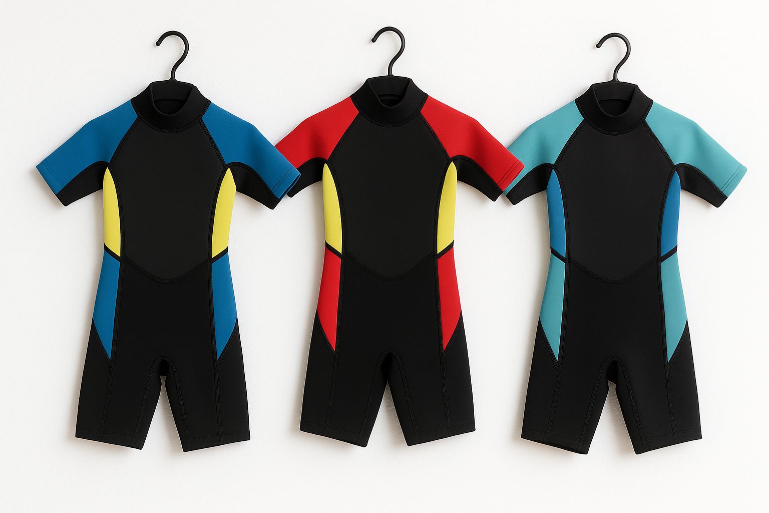 Vrolijke kinderen in felgekleurde wetsuits op het strand, klaar voor watersport