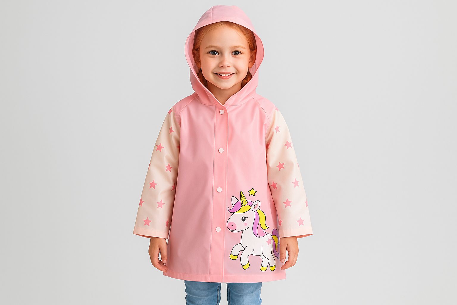 Lachende jongen in blauwe regenjas en -broek springt in een plas.